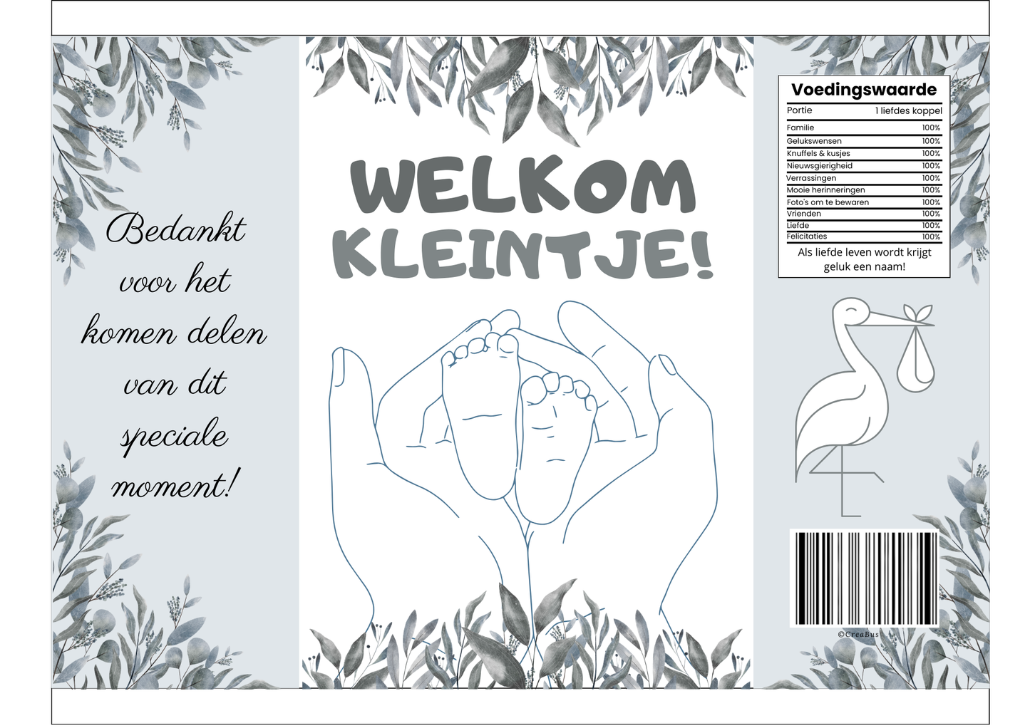 Print klaar zakje babyshower/geboortefeest blauw/grijs, Welkom kleintje!